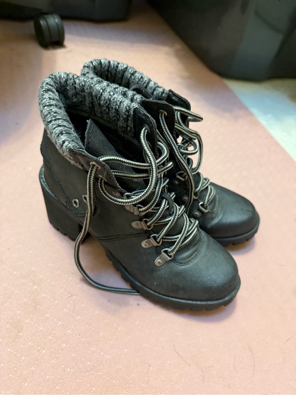 UNIONBAY Black Lace-Up Hiker Ankle Boots with Gray Knit Cuff